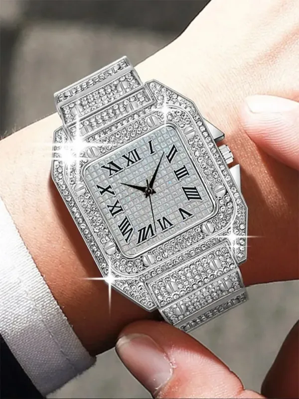 Diamond Silver Quartz Watch for Men