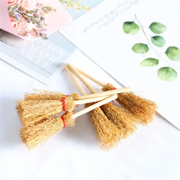 6Pcs Mini Straw Brooms with Red Rope