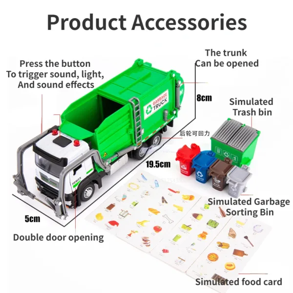 1/32 Green Alloy Urban Garbage Truck Toy Model - Image 5