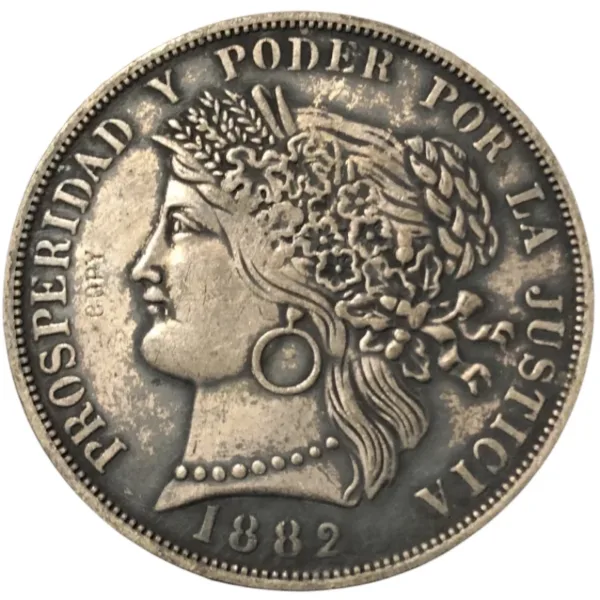 1882 Silver Plated 5 Pesetas Coin Replica