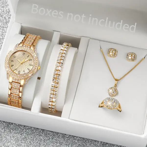 6PCS Women's Gold Diamond Watch Jewelry Set