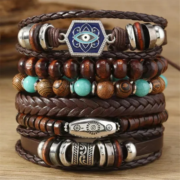 Bohemian Leather Wrap Bracelets Set of 5-6 - Image 6