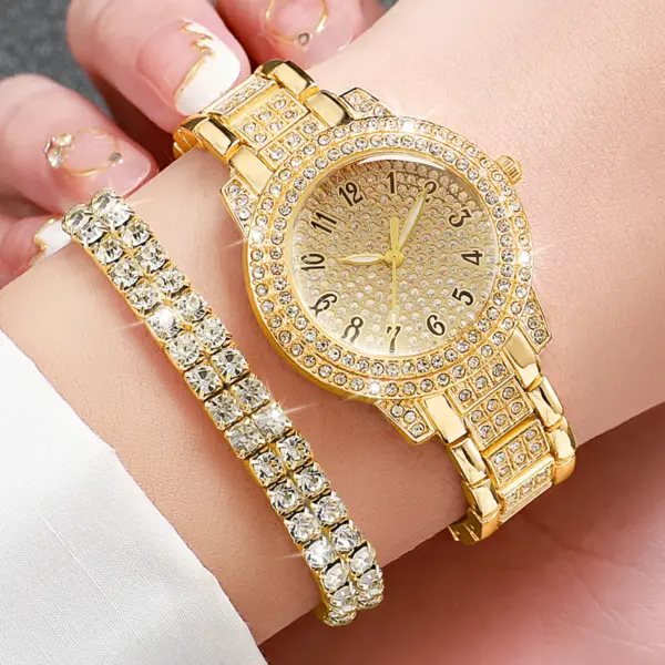 6PCS Women's Gold Diamond Watch Jewelry Set - Image 2