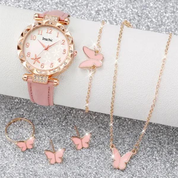 6PCS Women's Floral Leather Band Watch Set - Image 3