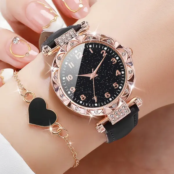 2PCS Women's Quartz Watch and Heart Bracelet