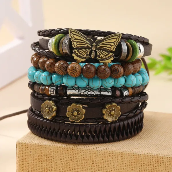 Bohemian Leather Wrap Bracelets Set of 5-6 - Image 7