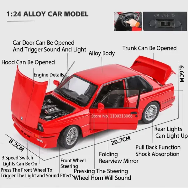 1:24 Alloy M3 Car Model with Light & Sound - Image 2