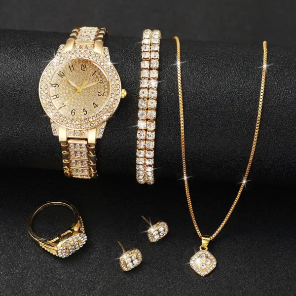 6PCS Women's Gold Diamond Watch Jewelry Set - Image 3