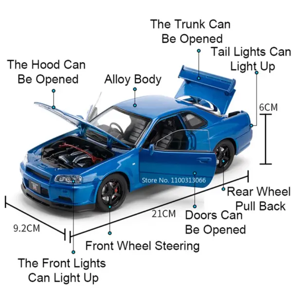 1/24 Scale Nissan GTR R34 Diecast Model Car - Image 2