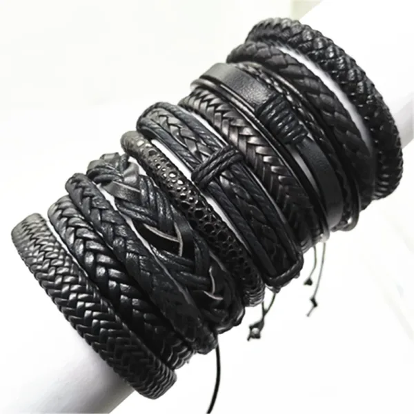 10 Pcs Adjustable Black Leather Bracelets Set - Image 2