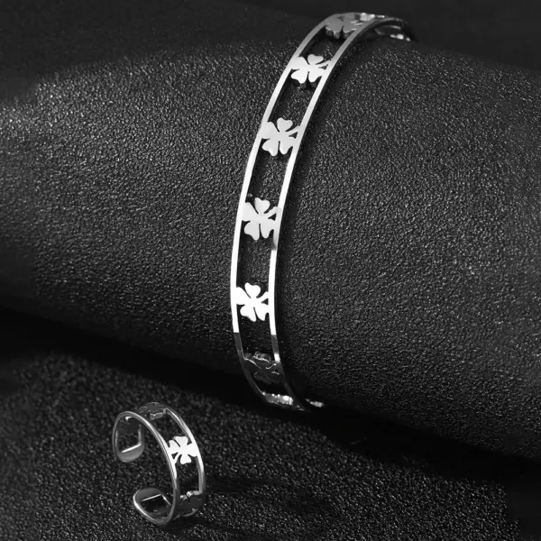 Stainless Steel Clover Bracelet and Ring Set - Image 6