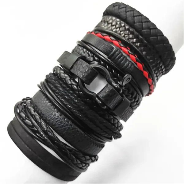 10 Pcs Adjustable Black Leather Bracelets Set - Image 17