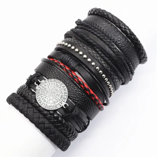 10 Pcs Adjustable Black Leather Bracelets Set - Image 14