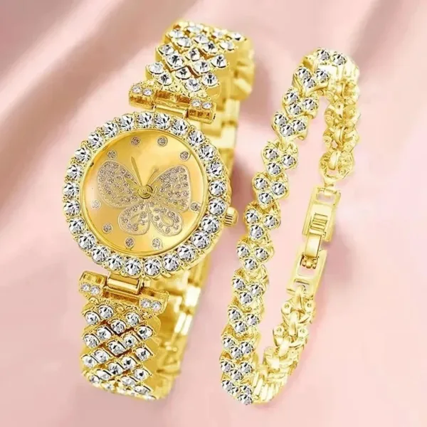 Gold Butterfly Dial Quartz Watch and Bracelet Set