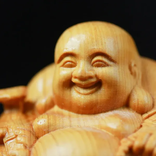 Miniature Wooden Laughing Buddha Sculpture - Image 4