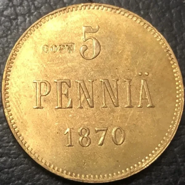 1870 Finland 5 Pennia Copper Coin Replica - Image 3