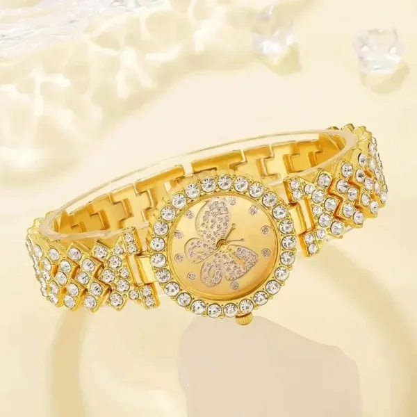 Gold Butterfly Dial Quartz Watch and Bracelet Set - Image 2