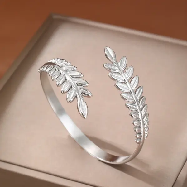 Chic Stainless Steel Leaf Cuff Bracelet for Women - Image 4