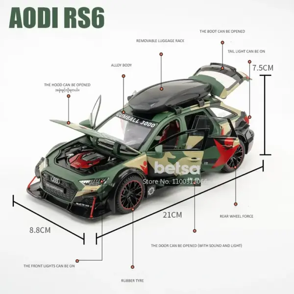 1/24 Audi RS6 Diecast Car with Lights and Sound - Image 3