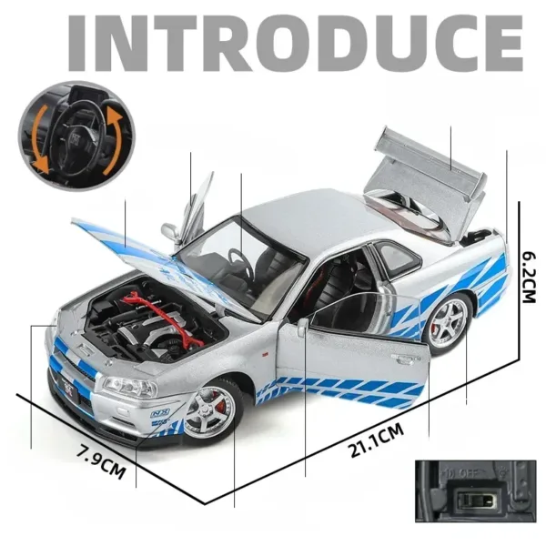 1:24 Alloy Nissan GTR R34 Diecast Car Model - Image 4