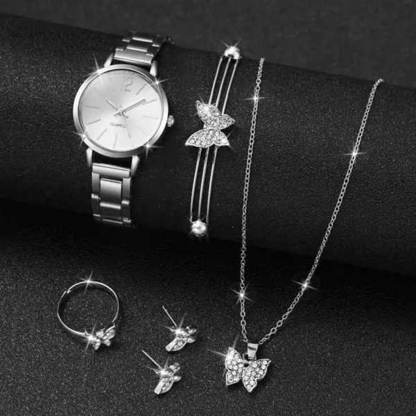 6PCS Women's Silver Jewelry Set with Watch - Image 2