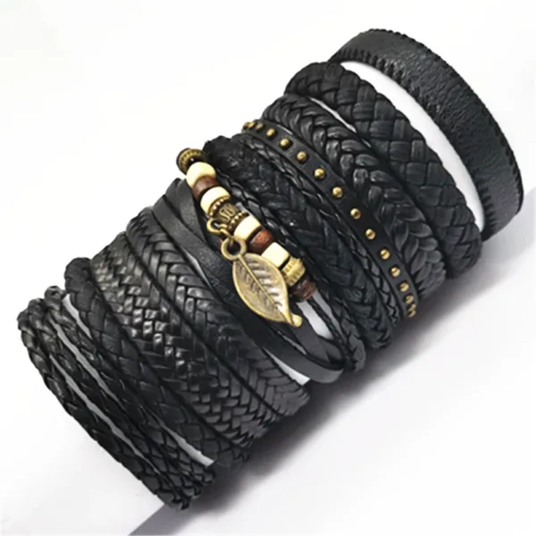 10 Pcs Adjustable Black Leather Bracelets Set - Image 9