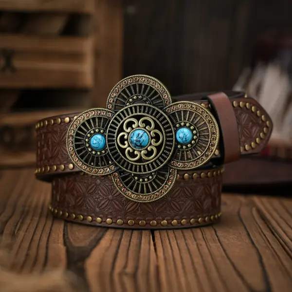 Vintage Floral Carved PU Leather Belt - Image 3