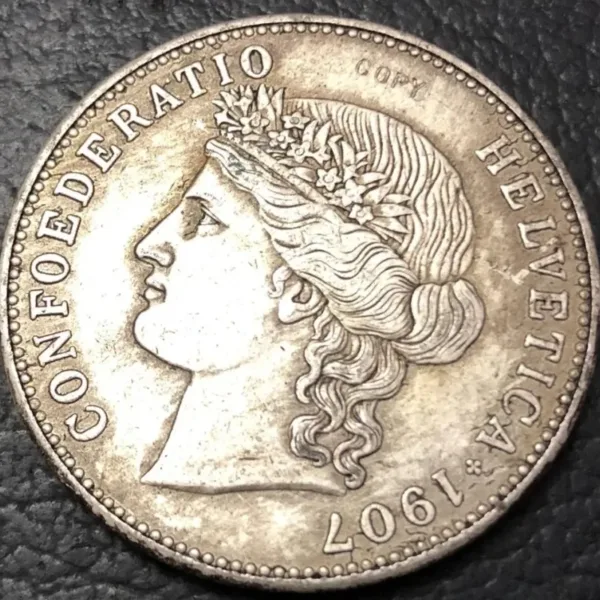 1907 Swiss 5 Franken Silver Plated Coin - Image 3