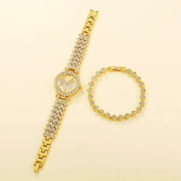 Gold Butterfly Dial Quartz Watch and Bracelet Set - Image 3