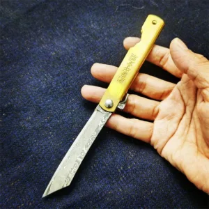 Damascus Steel Folding Utility Knife with Brass Handle
