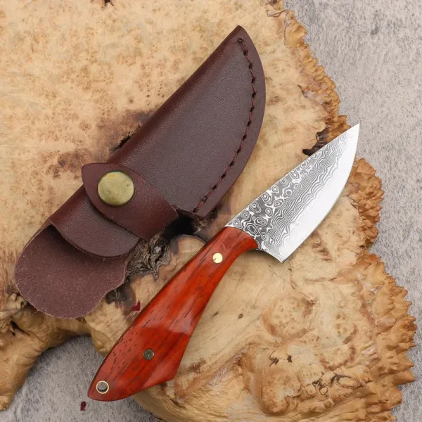 Damascus Steel Fixed Blade Knife with Leather Case