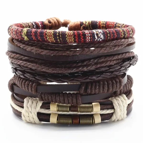 5 Piece Woven Leaf Feather Leather Bracelets - Image 8