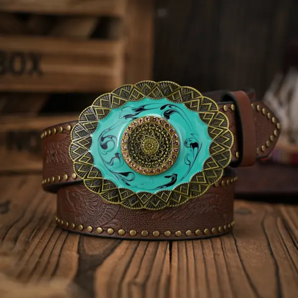 Vintage Floral Carved PU Leather Belt - Image 2