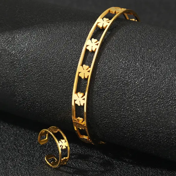 Stainless Steel Clover Bracelet and Ring Set - Image 5