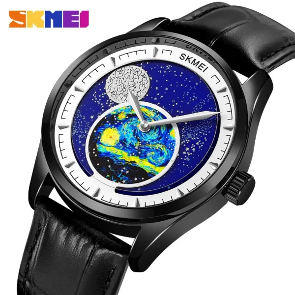 Men's Moon Phase Quartz Watch with Leather Strap