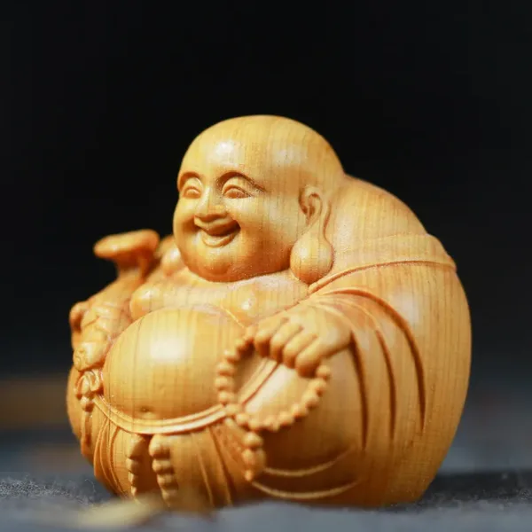 Miniature Wooden Laughing Buddha Sculpture - Image 3