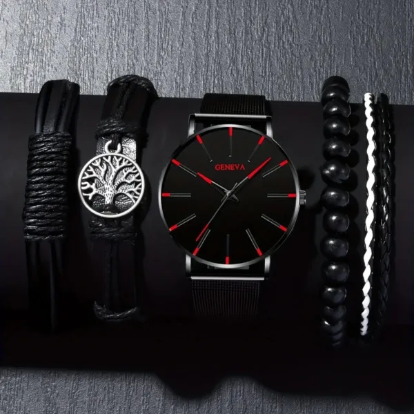 Black Men's Quartz Watch with Bracelets Set