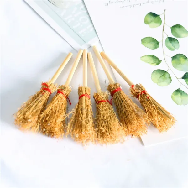 6Pcs Mini Straw Brooms with Red Rope - Image 2