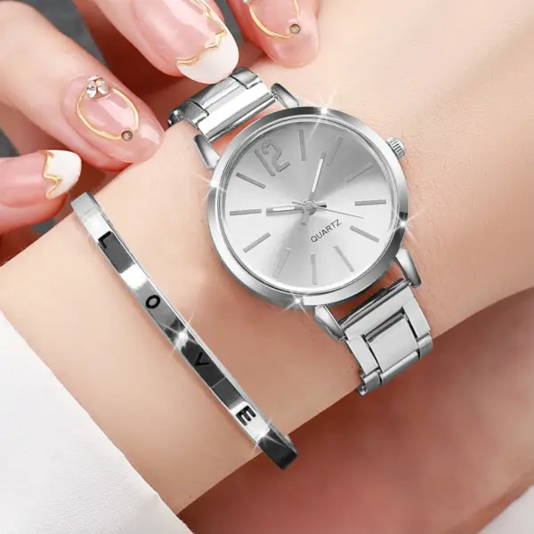 2PCS Women's Gold Steel Band Quartz Watch Set - Image 3