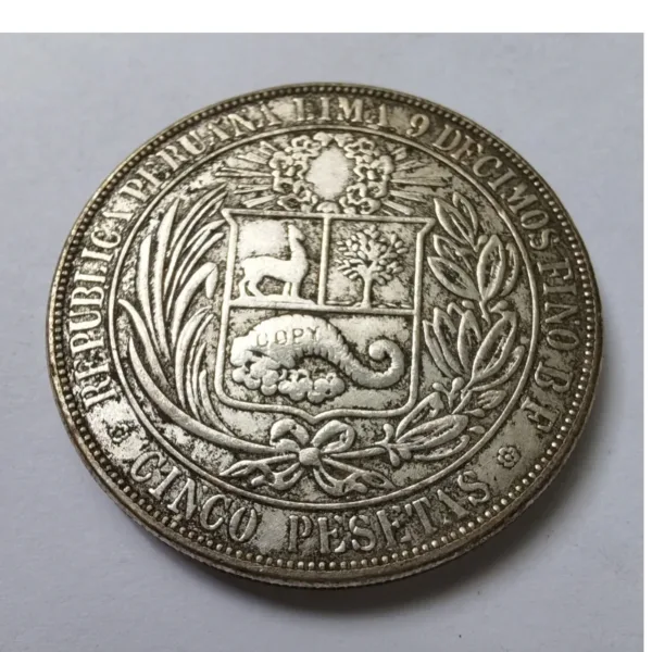 Peru 5 Pesetas Silver Plated Coin Copy - Image 2