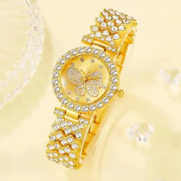 Gold Butterfly Dial Quartz Watch and Bracelet Set - Image 5