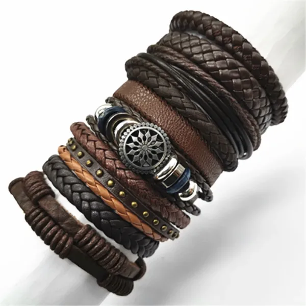 10 Pcs Brown Leather Wrap Bracelets Set - Image 2