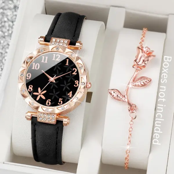 2PCS Women's Floral Dial Watch and Bracelet Set