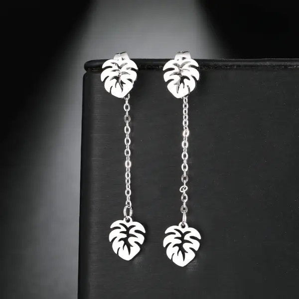 Stainless Steel Leaf Tassel Drop Earrings - Image 4