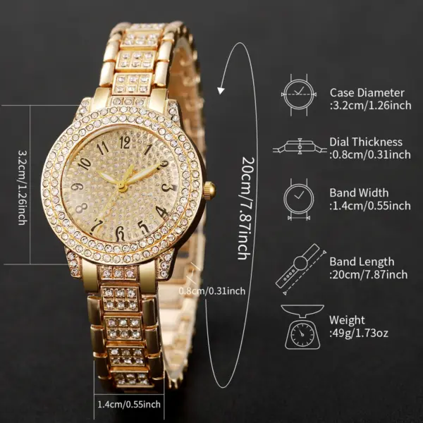 6PCS Women's Gold Diamond Watch Jewelry Set - Image 5