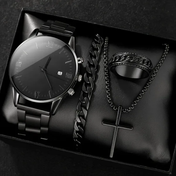 Men's Black Quartz Watch and Accessory Set