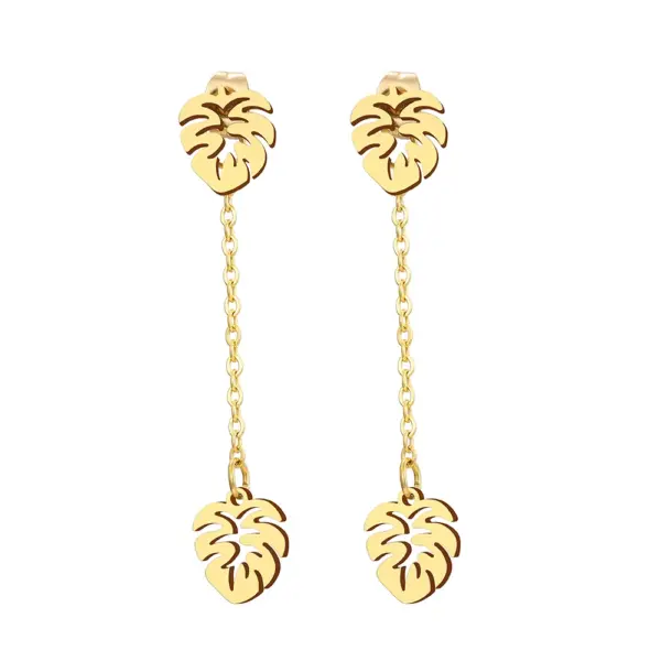 Stainless Steel Leaf Tassel Drop Earrings - Image 2