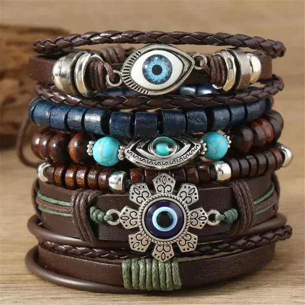 Bohemian Leather Wrap Bracelets Set of 5-6 - Image 5