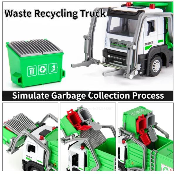 1/32 Green Alloy Urban Garbage Truck Toy Model - Image 6