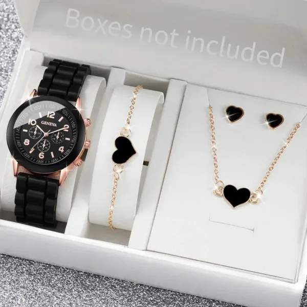 4PCS Women's Watch and Heart Jewelry Set